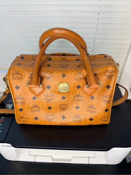 MCM Handbags - MCM Cognac Visetos Dome Satchel with Gold Hardware